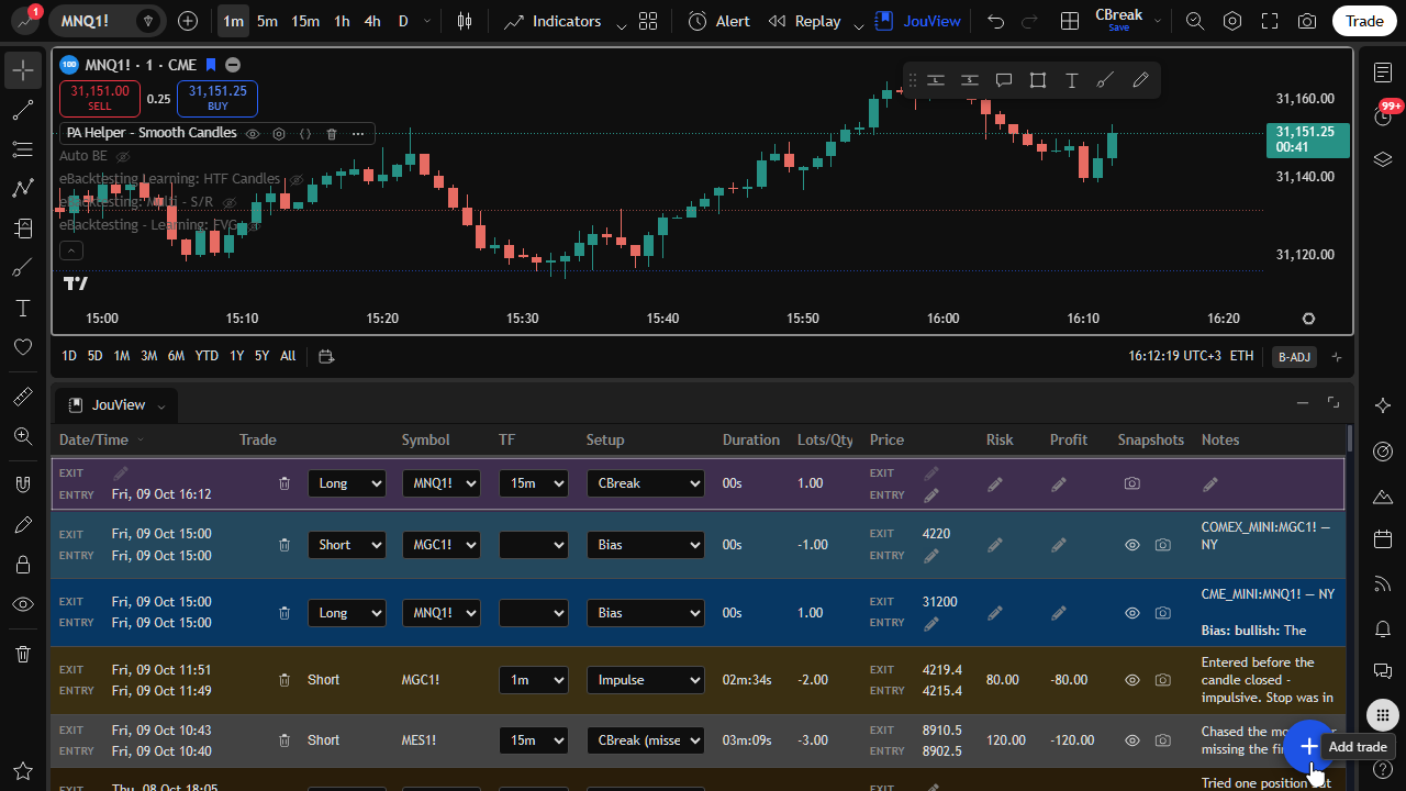 Add trade with plus button