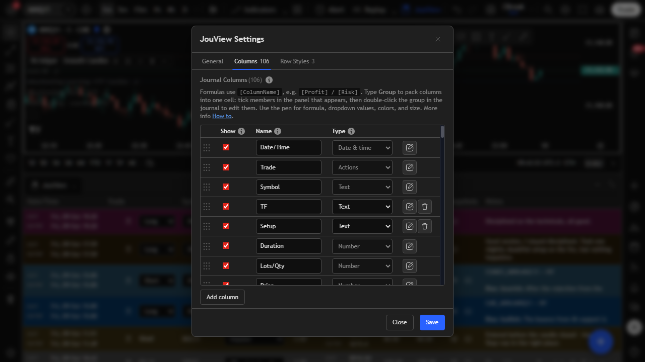 Journal columns settings